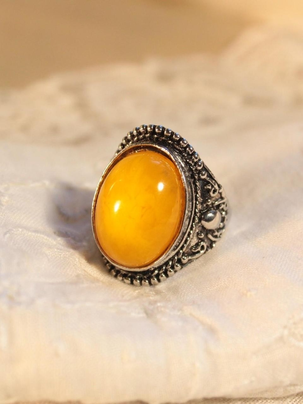 Men's Size 9 Silver-Tone Filigree Ring with Polished Yellow Stone